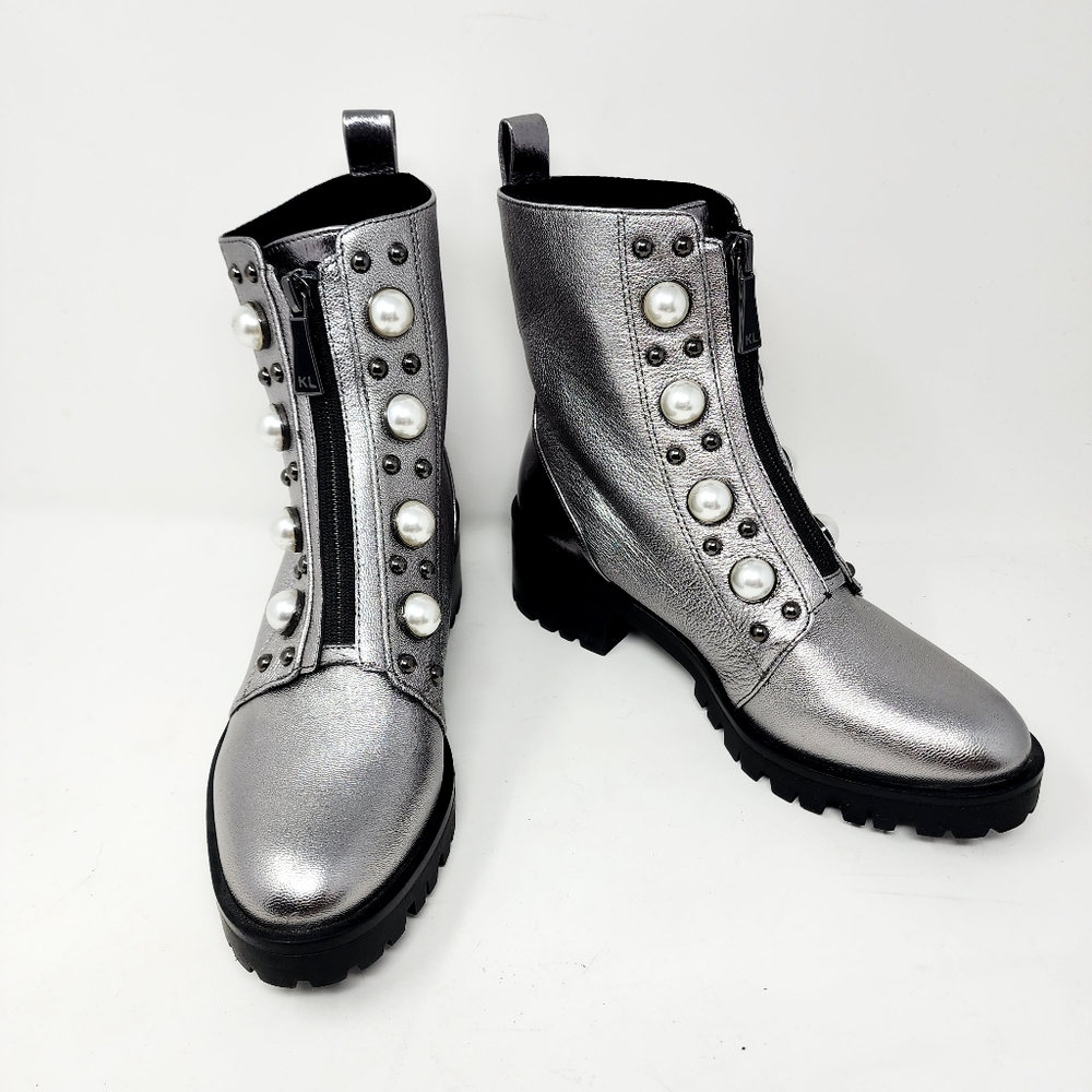 Karl Lagerfeld Payden Metallic Silver Pearl Stud Combat Boots Women’s 6.5
